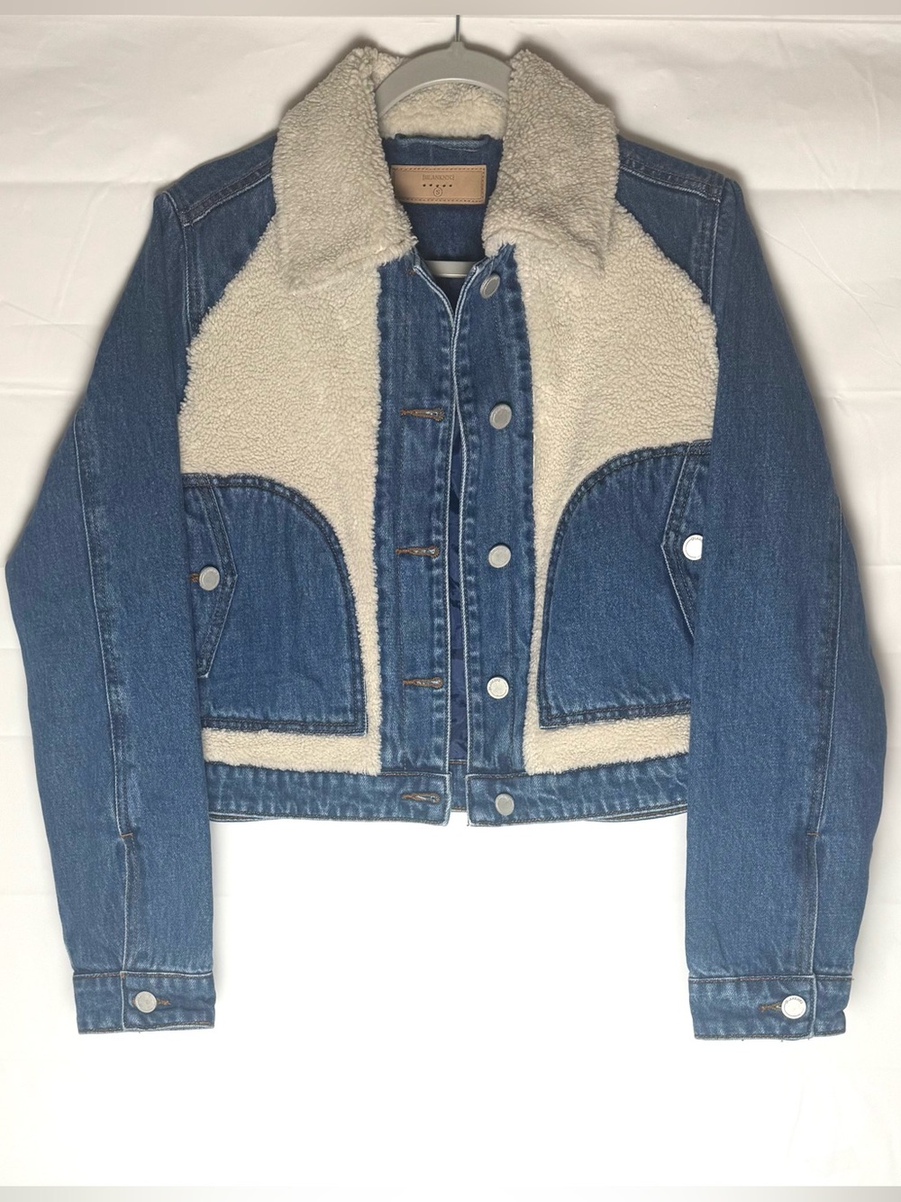 Blank NYC Women’s Blue Denim Cotton Jacket with Cream Sherpa Panels, Sz S. NWOT